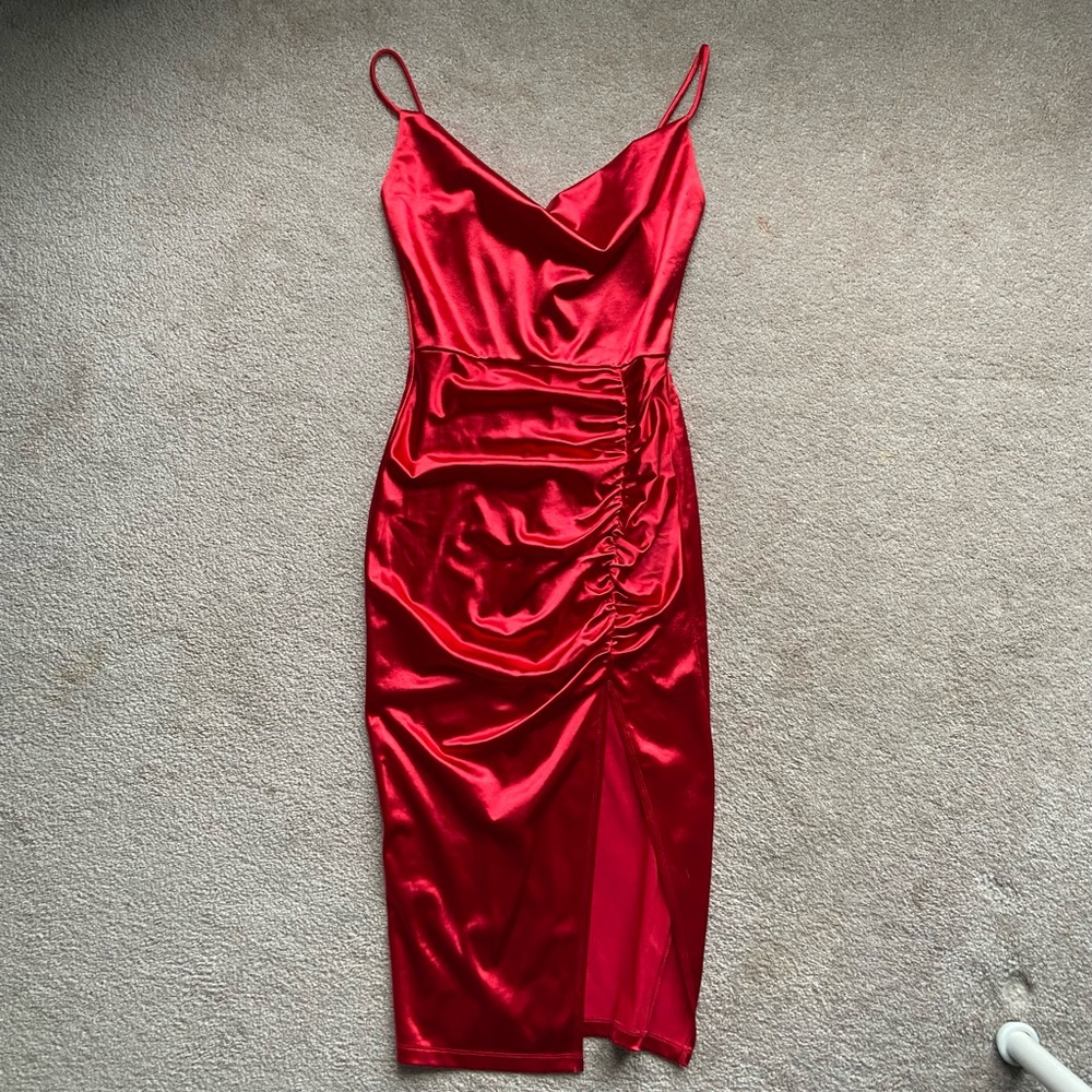 Windsor Formal Ruched Satin Midi Dress